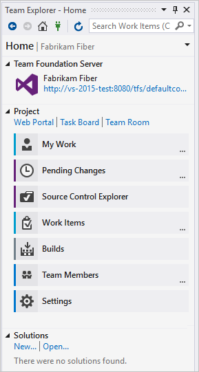 Screenshot della home page di Team Explorer w/ TFVC come controllo del codice sorgente.