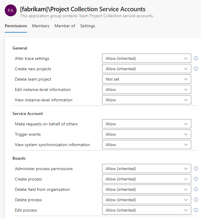 Screenshot delle autorizzazioni e dei gruppi a livello di organizzazione, Azure DevOps Services.