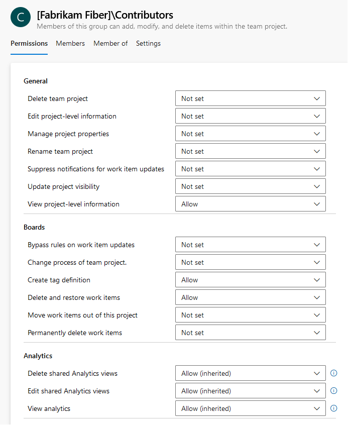 Screenshot della finestra di dialogo Autorizzazioni a livello di progetto, pagina di anteprima di Azure DevOps Services.