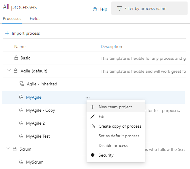 Creare un progetto dal processo selezionato