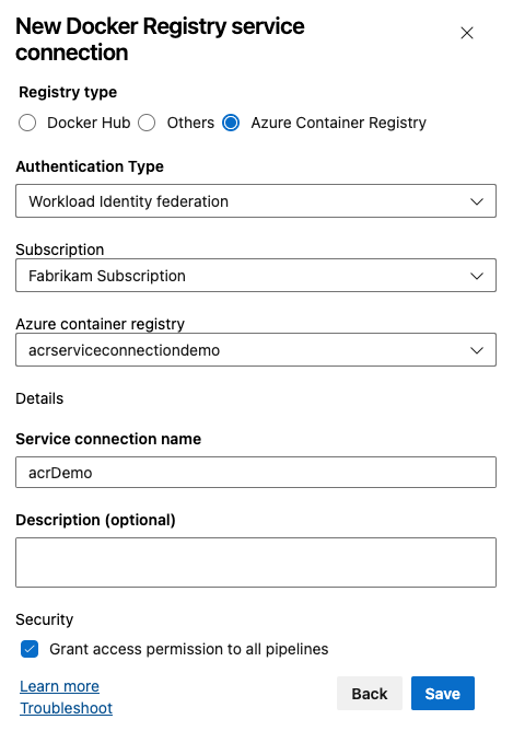 Screenshot che mostra come configurare una connessione al servizio del Registro di sistema Docker per la federazione dell'identità del carico di lavoro.