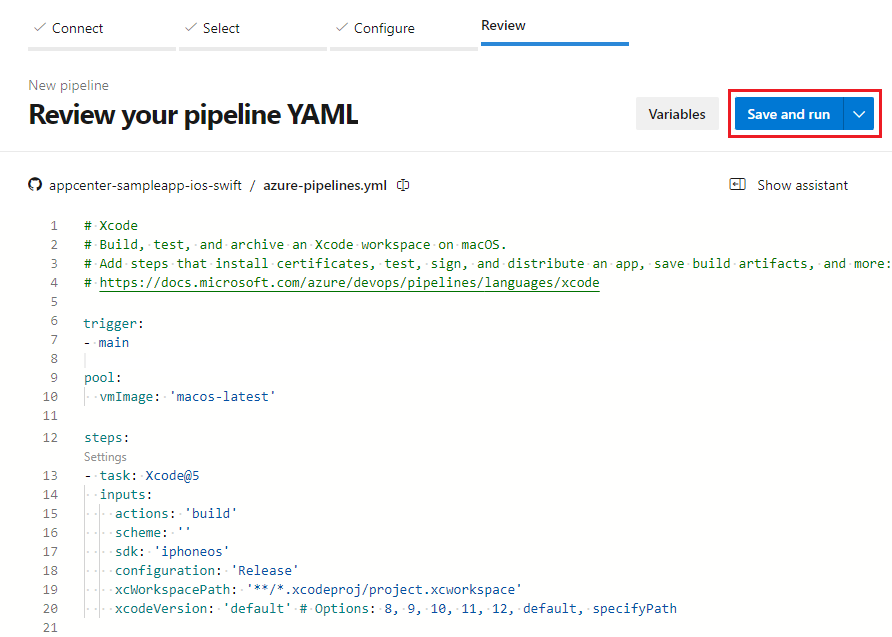 Screenshot del pulsante Salva ed esegui in una nuova pipeline YAML.