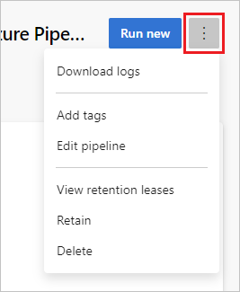 Screenshot del menu Altre azioni della pagina di riepilogo dell'esecuzione della pipeline.