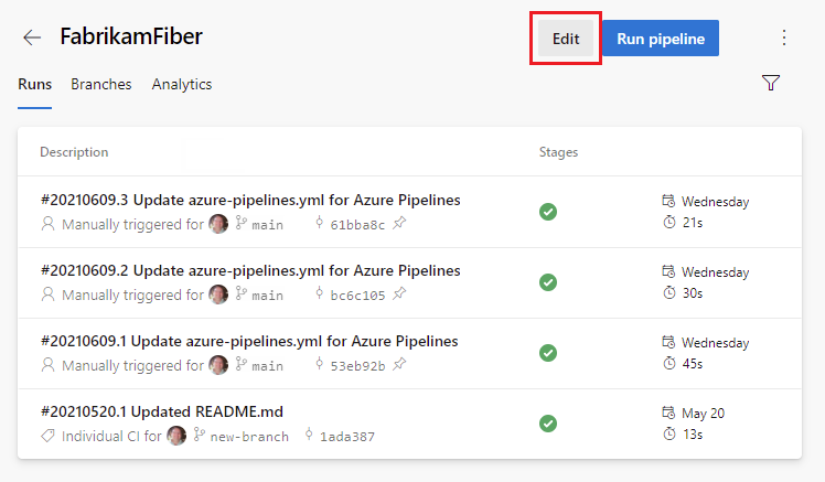 Pulsante di modifica YAML di Azure Pipelines.