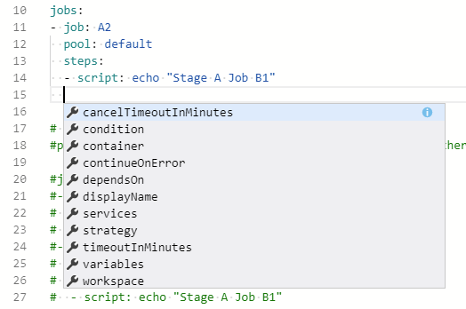 IntelliSense dell'editor di pipeline YAML.