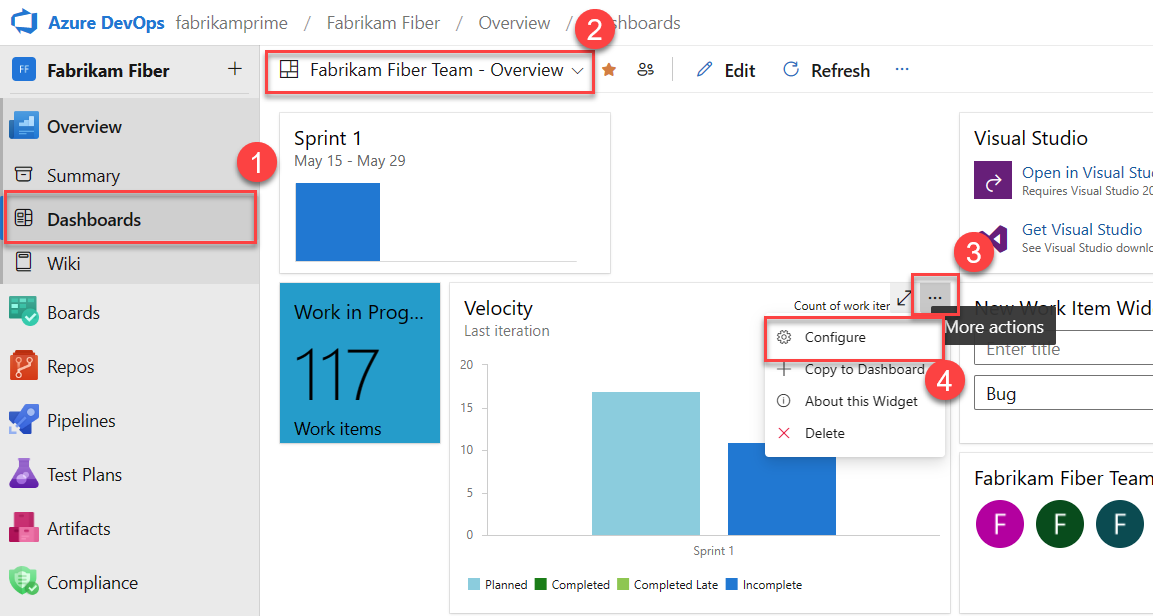 Screenshot che mostra la sequenza di pulsanti evidenziati per configurare il dashboard Velocity.