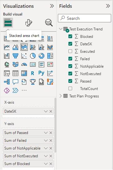 Screenshot delle selezioni dei campi di visualizzazione per il report di tendenza di esecuzione del piano di test. 