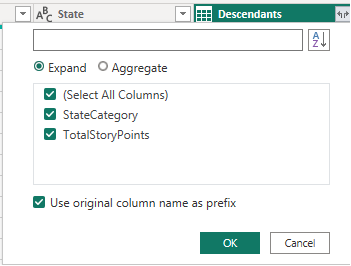 Screenshot della colonna Discendenti di Power BI, opzioni di espansione. 