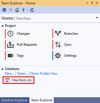 Screenshot del file della soluzione nella sezione Soluzioni di Team Explorer in Visual Studio 2019.