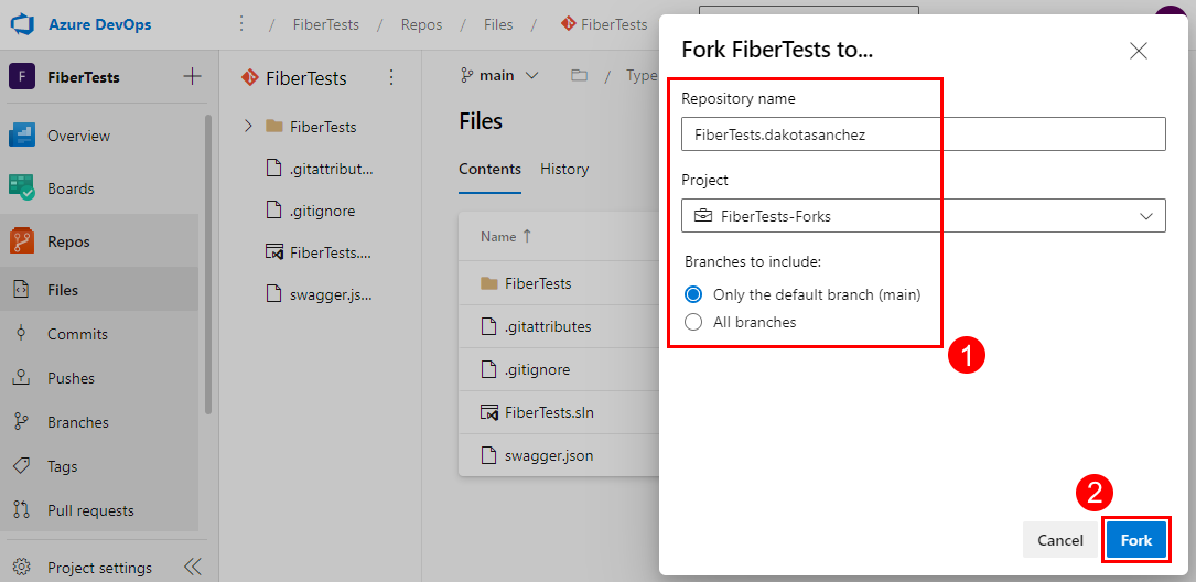 Screenshot della finestra di dialogo Fork nella pagina File di repository in Azure Repos.