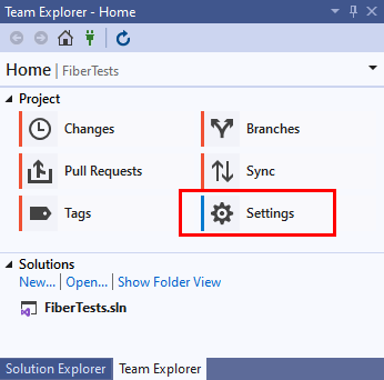 Screenshot dell'opzione Impostazioni nella visualizzazione Home di Team Explorer.
