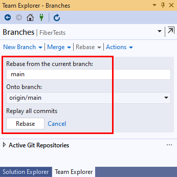 Screenshot dei dettagli di ribase nella visualizzazione Rami di Team Explorer in Visual Studio 2019.