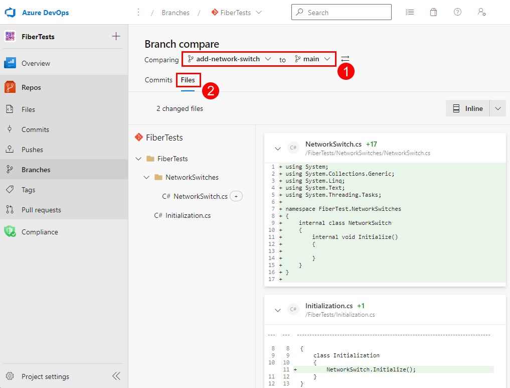 Screenshot della scheda File nella visualizzazione Confronto rami nella pagina del repository Azure DevOps.