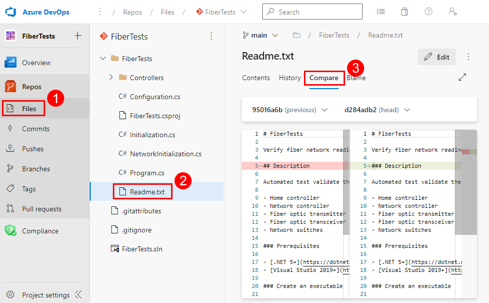 Screenshot della visualizzazione Confronto file nella pagina del progetto Azure DevOps.