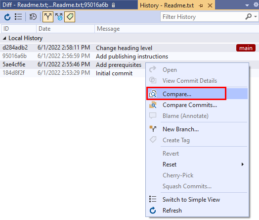 Screenshot dell'opzione Confronta commit nel menu di scelta rapida del commit nella visualizzazione Cronologia commit in Visual Studio.