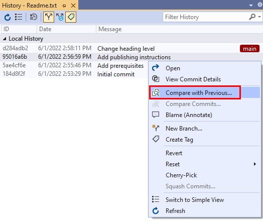 Screenshot dell'opzione Confronta con precedente nel menu di scelta rapida del commit nella visualizzazione Cronologia commit in Visual Studio.