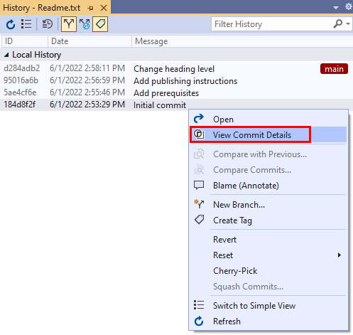 Screenshot dell'opzione Visualizza dettagli commit nel menu di scelta rapida del commit nella visualizzazione Cronologia commit in Visual Studio 2019.