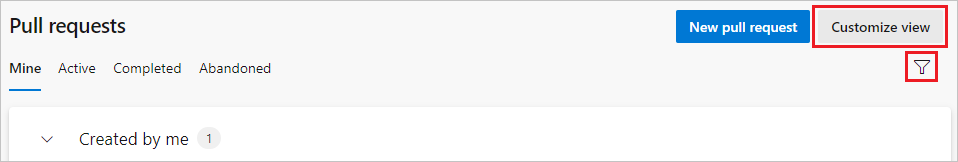 Screenshot che mostra il pulsante Personalizza visualizzazione nella pagina Richieste pull.