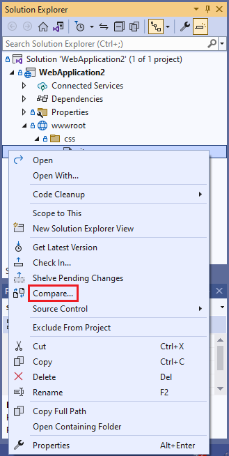 Screenshot che mostra l'opzione Confronta nel menu di scelta rapida Esplora soluzioni.