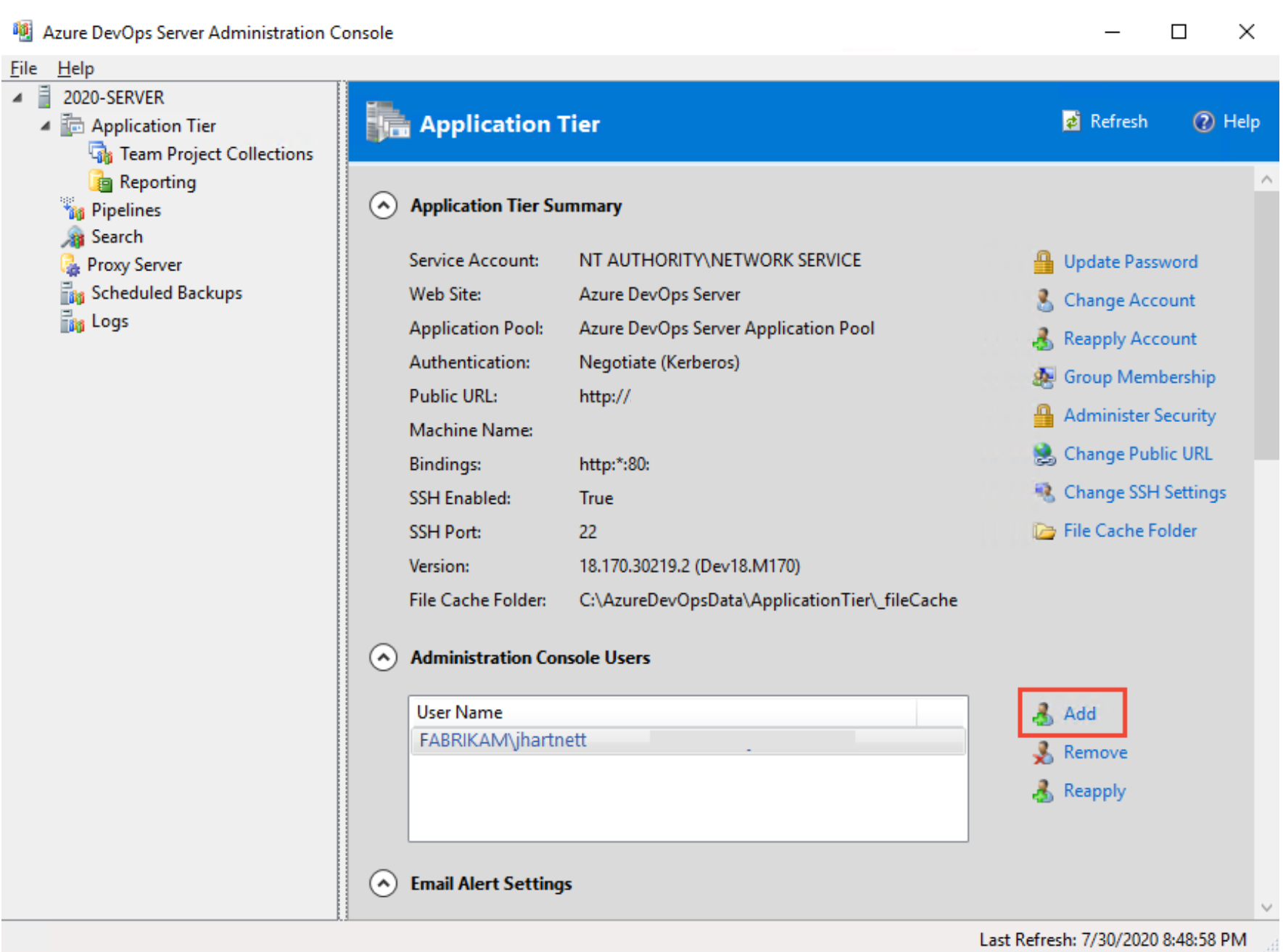 Screenshot della console di amministrazione del server 2020 con l'opzione Aggiungi evidenziata.