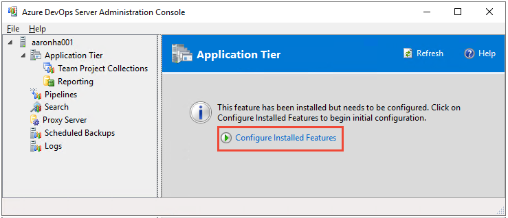 Screenshot della procedura guidata centro configurazione del server Azure DevOps, livello applicazione, scegliere Configura funzionalità installate. 