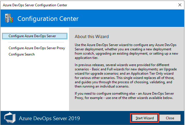 Screenshot della procedura guidata centro configurazione del server Azure DevOps, pagina Configura server Azure DevOps.