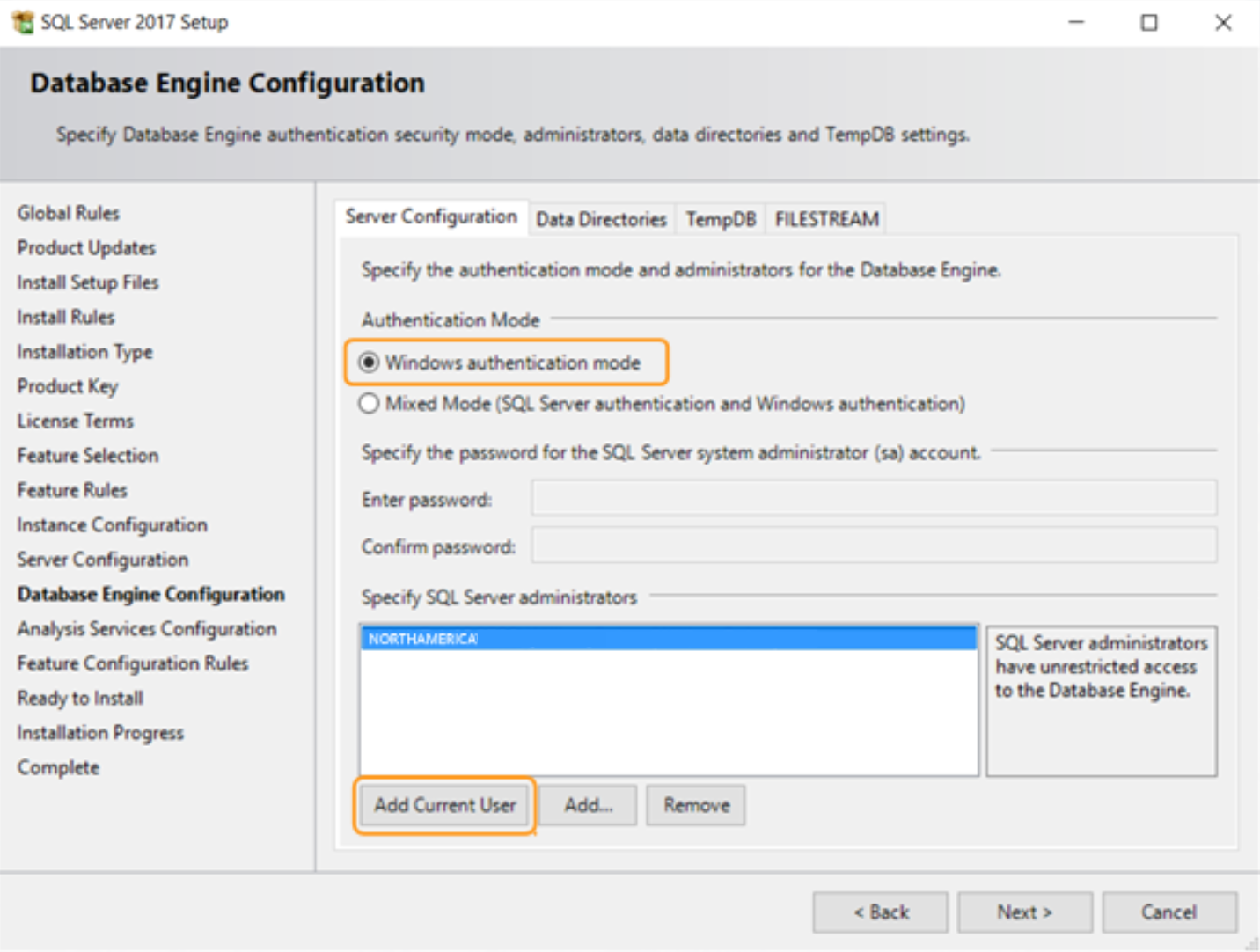 Configurazione del motore di database