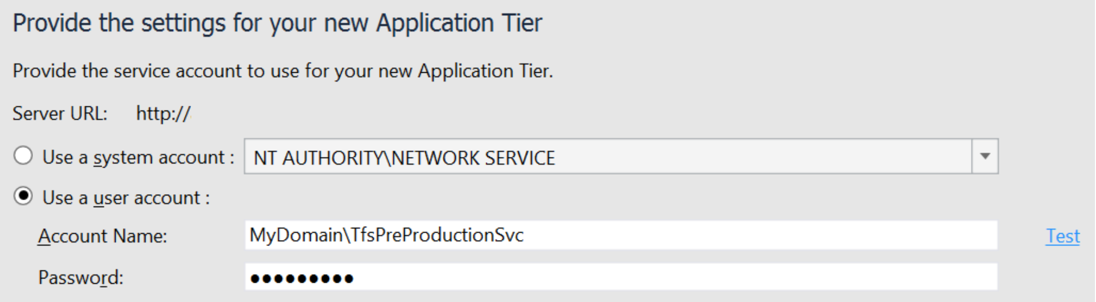 Esempio di account del servizio di pre-produzione