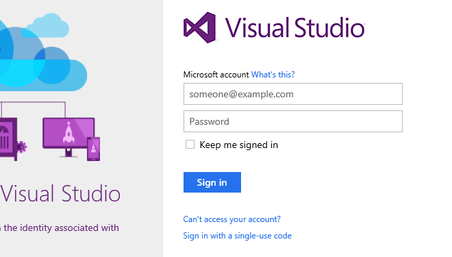 Screenshot del prompt di accesso di Visual Studio.