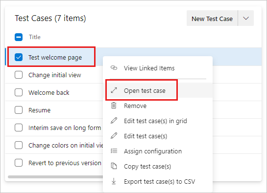 Screenshot che mostra un test case con il relativo menu di scelta rapida con Apri test case selezionato.