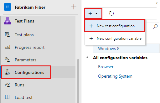 Screenshot che mostra l'opzione Nuova configurazione test nel menu Nuovo.