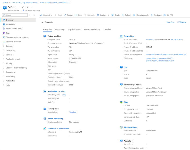 Screenshot che mostra le azioni disponibili per la macchina virtuale dell'ambiente selezionata.