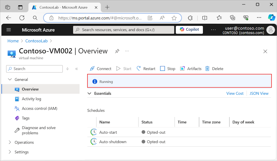 Screenshot che mostra come verificare che la macchina virtuale DevTest Labs sia in esecuzione.