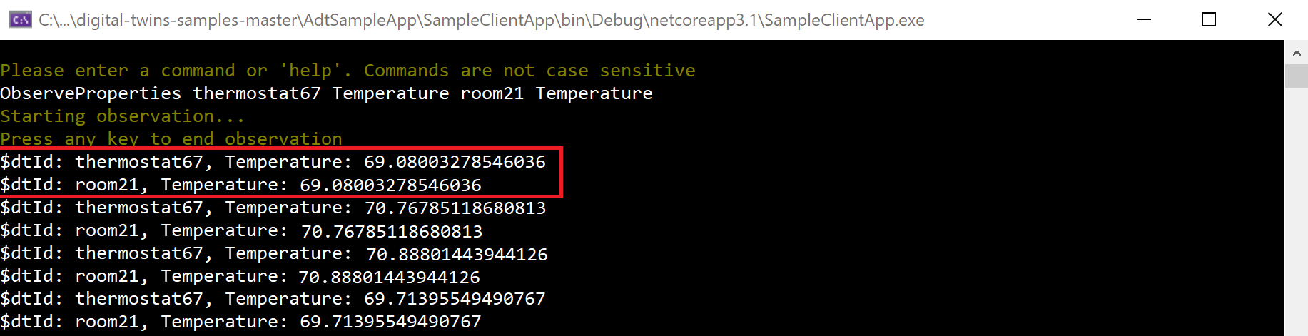 Screenshot dell'output della console che mostra un log dei messaggi di temperatura, da un termostato e da una stanza.