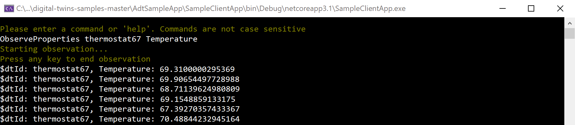 Screenshot dell'output della console che mostra il log dei messaggi di temperatura dal termostato del gemello digitale67.