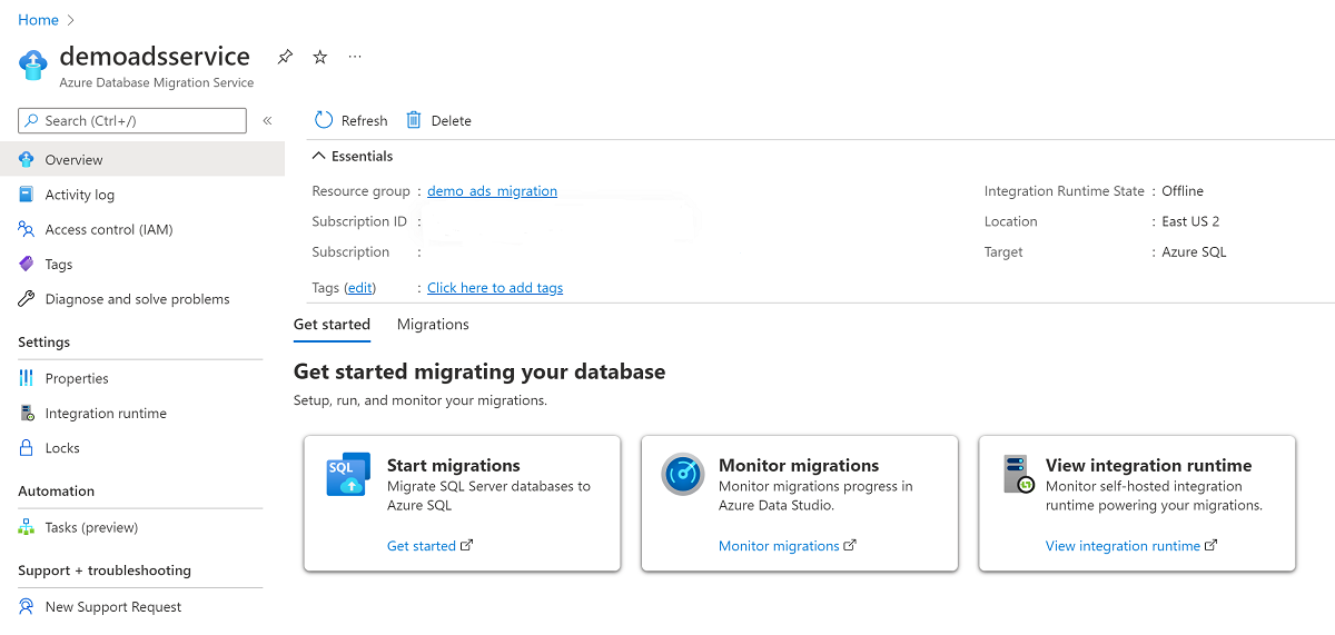 Screenshot che mostra come monitorare le migrazioni nel portale di Azure.