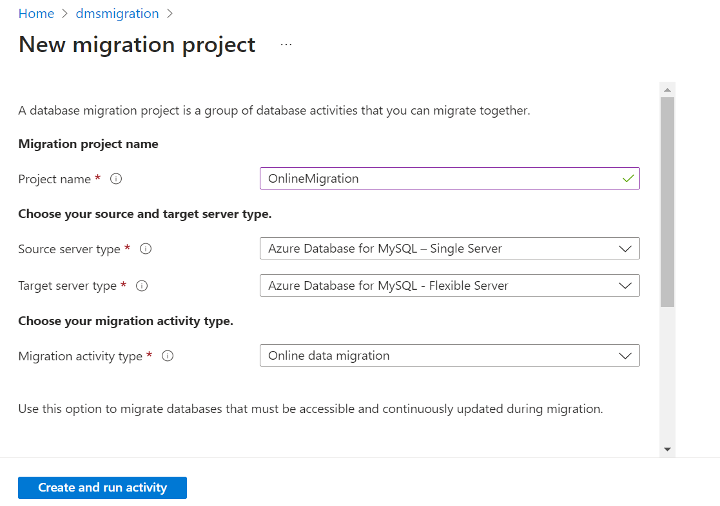 Screenshot di un comando Crea nuovo progetto di migrazione.