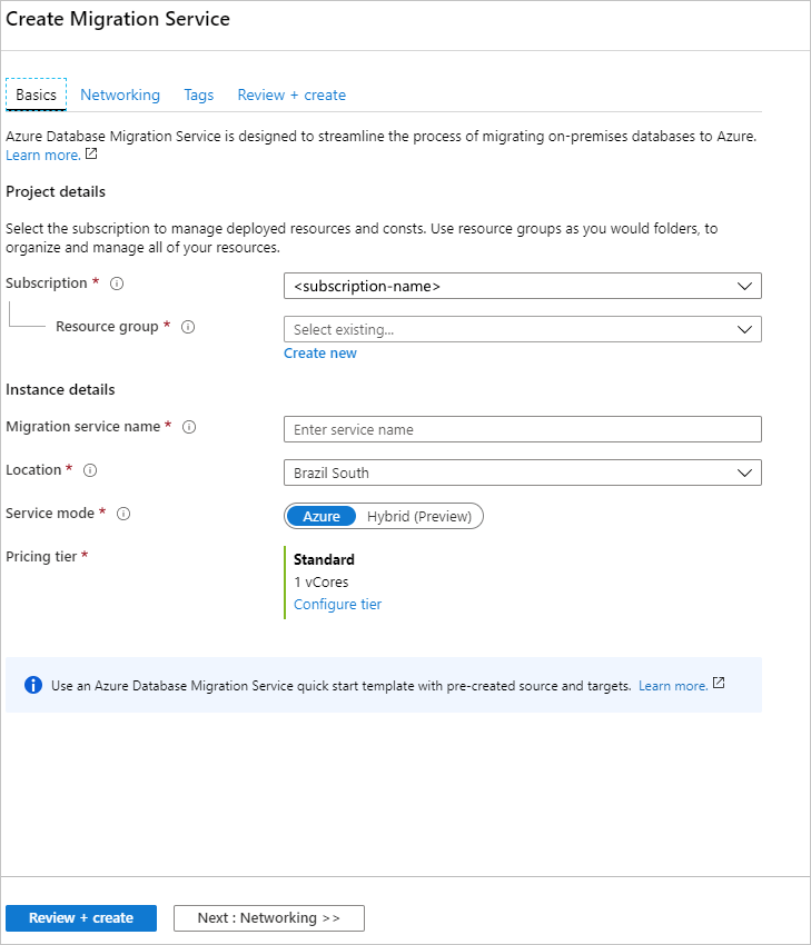 Screenshot di Configura le impostazioni dell'istanza del Servizio Migrazione del database di Azure.