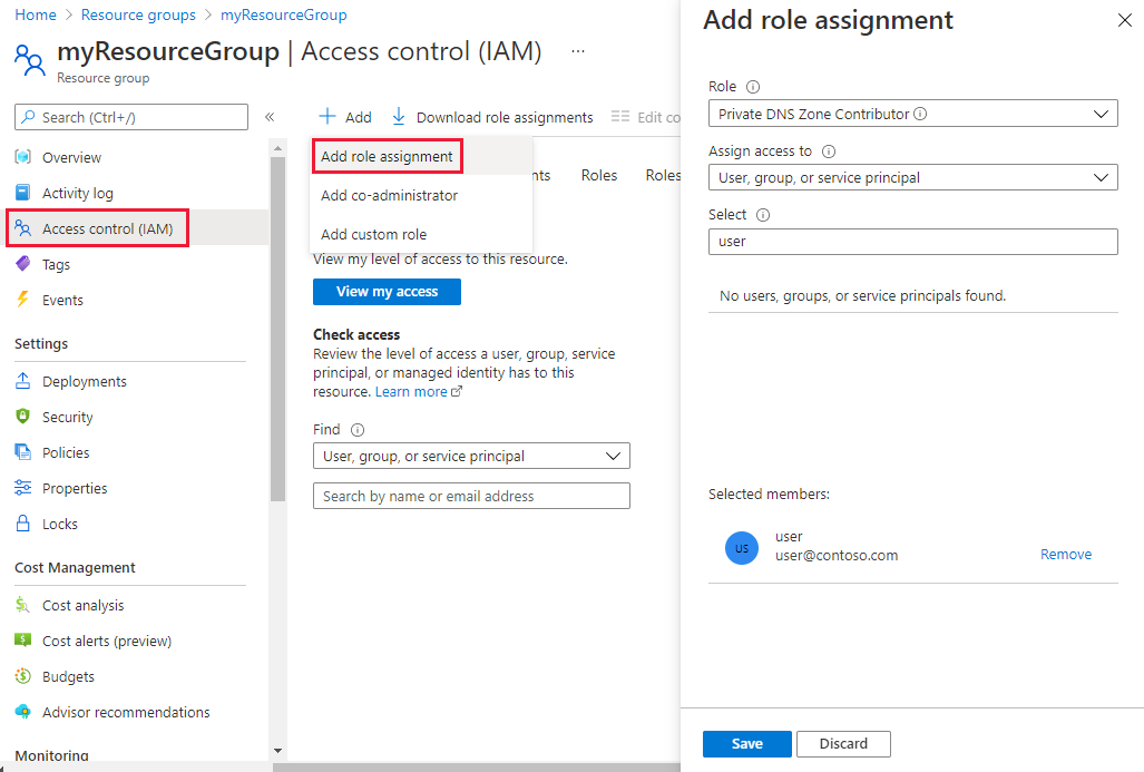 Screenshot del controllo degli accessi in base al ruolo per il gruppo di risorse DNS privato.