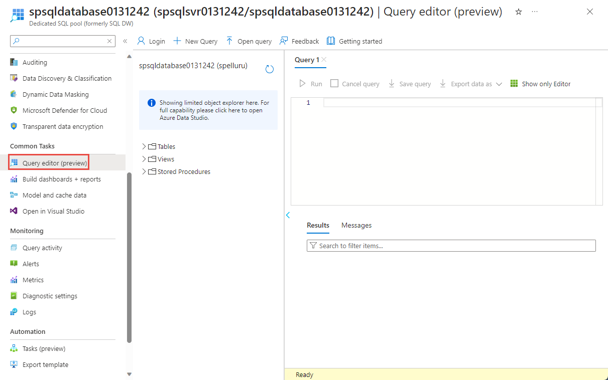 Screenshot che mostra la selezione di Editor di query in una pagina Pool SQL dedicato nel portale di Azure.