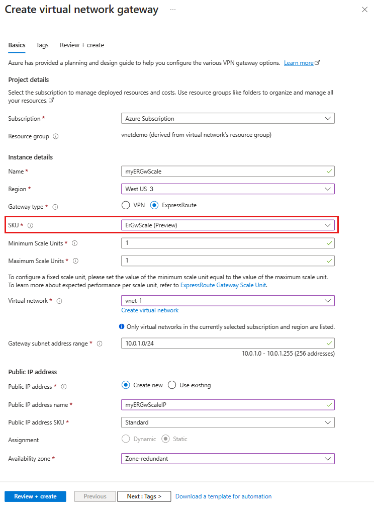 Screenshot che mostra la pagina Aggiungi subnet per l'aggiunta della subnet del gateway.