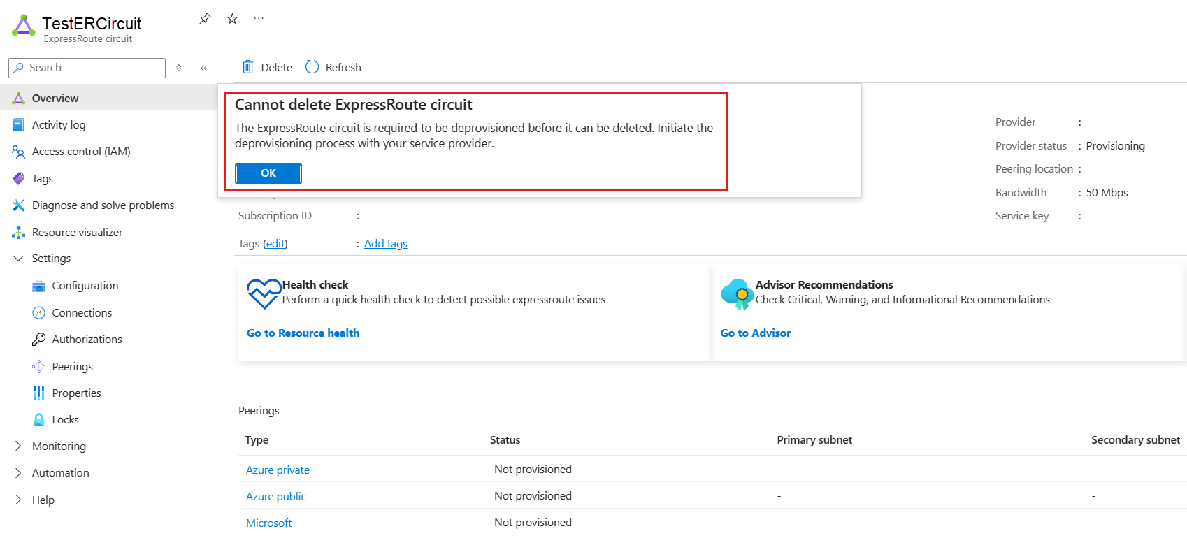 Screenshot del deprovisioning del circuito ExpressRoute.