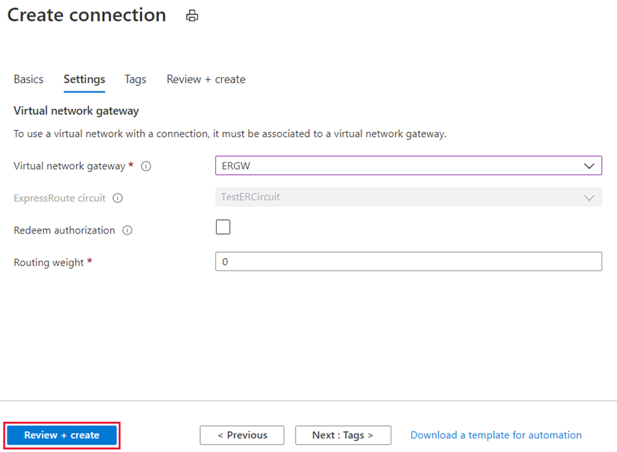 Pagina di impostazioni Crea connessione