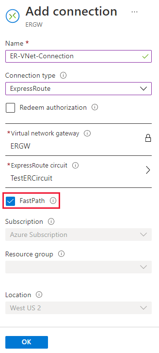 Screenshot della casella di controllo FastPath nell'aggiunta di una pagina di connessione.