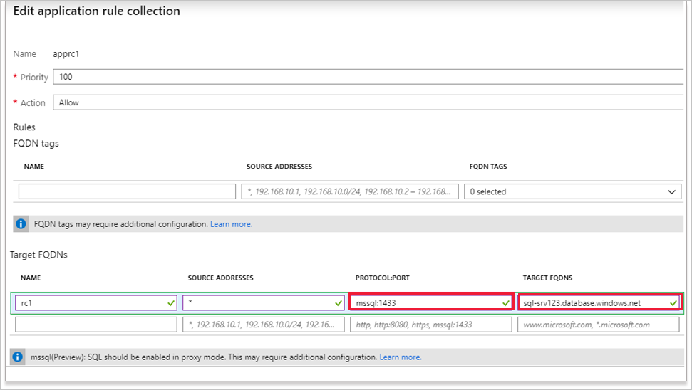 regola dell'applicazione con FQDN SQL