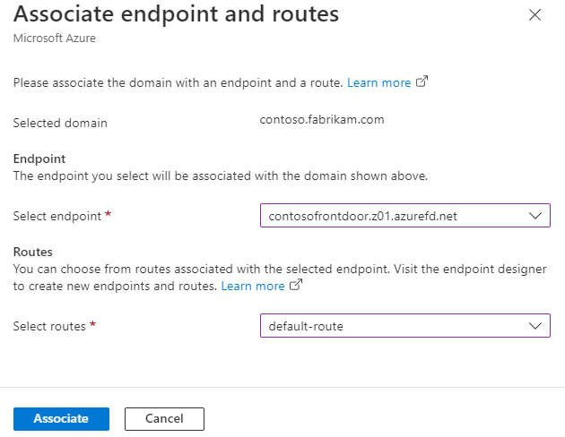 Screenshot che mostra il riquadro Associa endpoint e route.