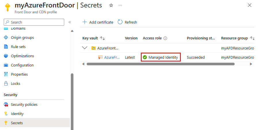 Screenshot di Frontdoor di Azure con l'identità gestita per accedere al certificato in Key Vault.