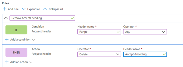 Screenshot che mostra la regola Accept-Encoding in un set di regole.