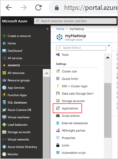 Menu del portale Applicazioni di HDInsight.