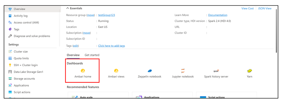 Screenshot che mostra la posizione del dashboard home di Ambari.